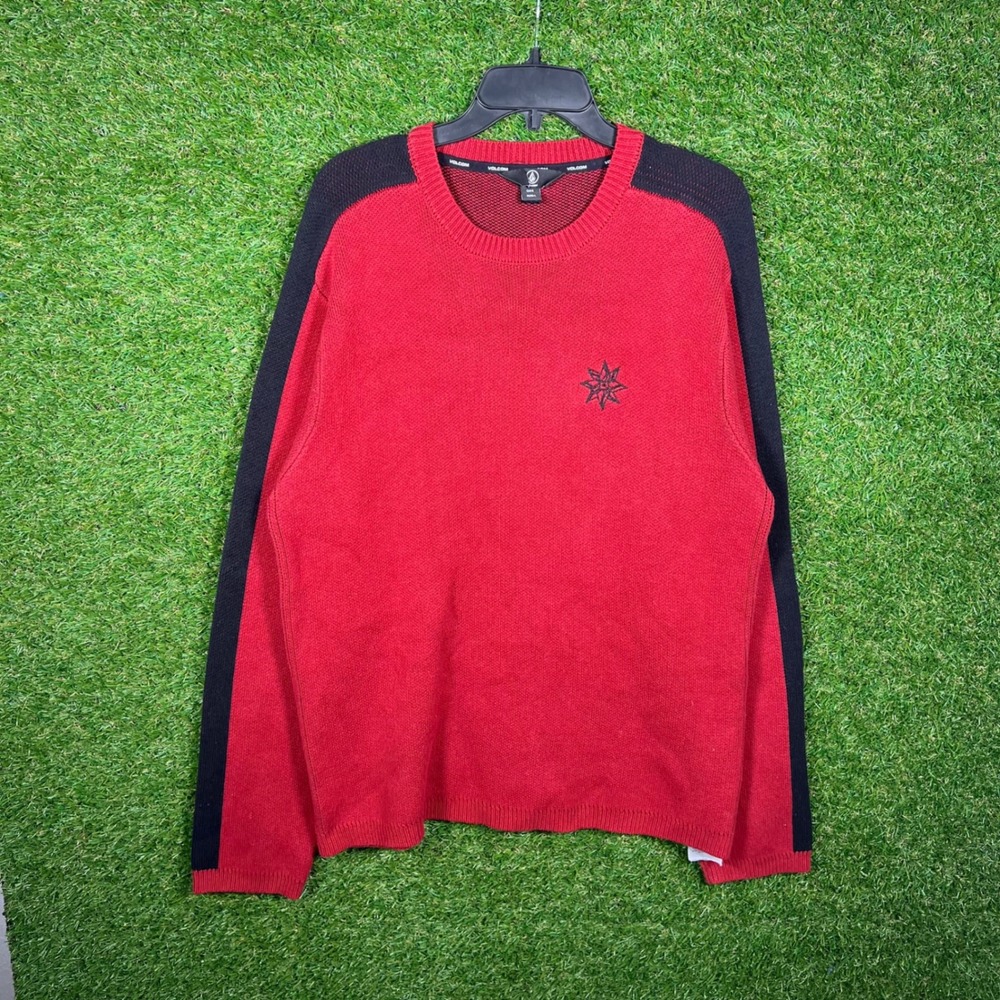 Volcom Mens Crewneck Sweater Red Black Colorblock Knit Pullover Large‎